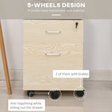 Vinsetto 2-Drawer Locking Office Filing Cabinet w/ 5 Wheels Rolling Storage Hanging A4 Cupboard Home Organisation, Oak Wood Grain