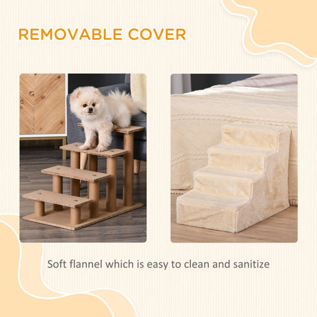 PawHut Four-Step Dog Stairs, with Washable Plush Cover, for High Bed Sofa, Dog Stairs for Small Dog and Cat - Beige