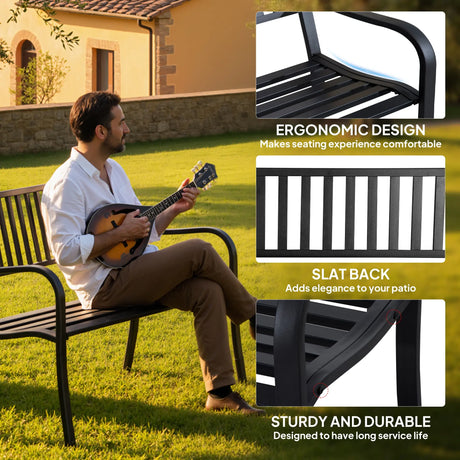 Outsunny Metal Garden Bench Loveseat with Slatted Seat, Black
