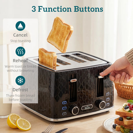 HOMCOM Kettle and Toaster Set, 1.7L 3000W Rapid Kettle with Strix Thermostat, 4 Slice Toaster with 7 Browning Controls, Black