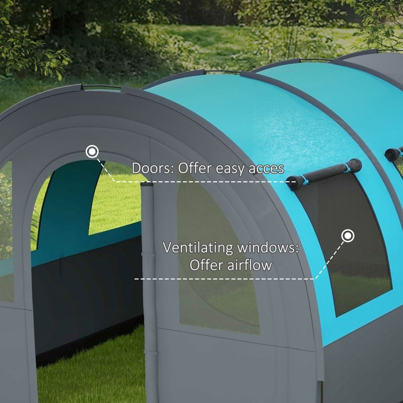 Outsunny Six Man Duo Room Tunnel Tent, with Accessories - Grey/Blue