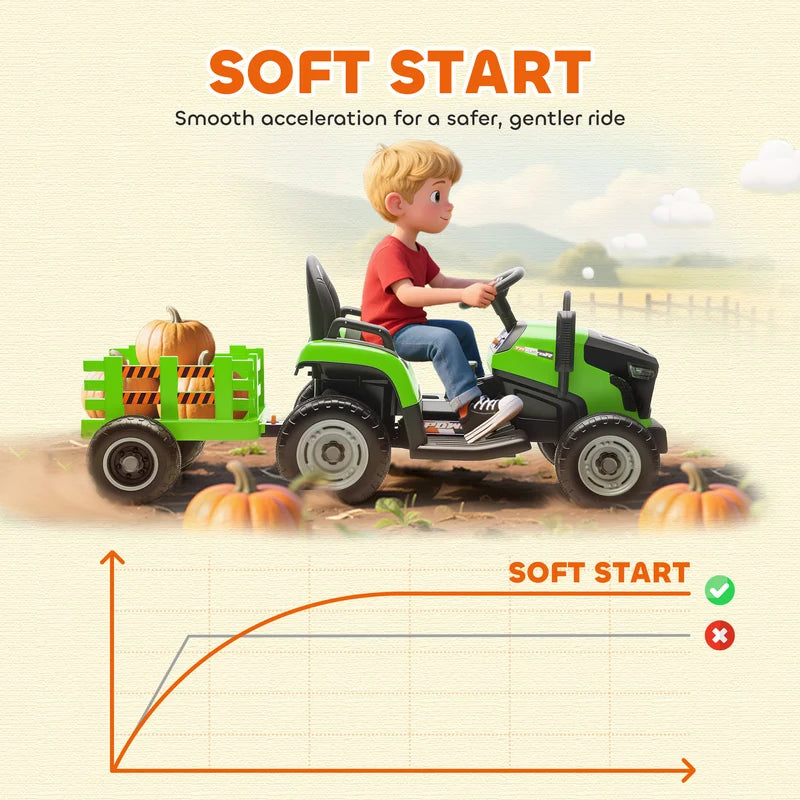 AIYAPLAY 12V Ride on Tractor and Trailer with Remote Control, Music, Shifter, Start-Up Sound, for Kids Ages 3-8 Years, Green