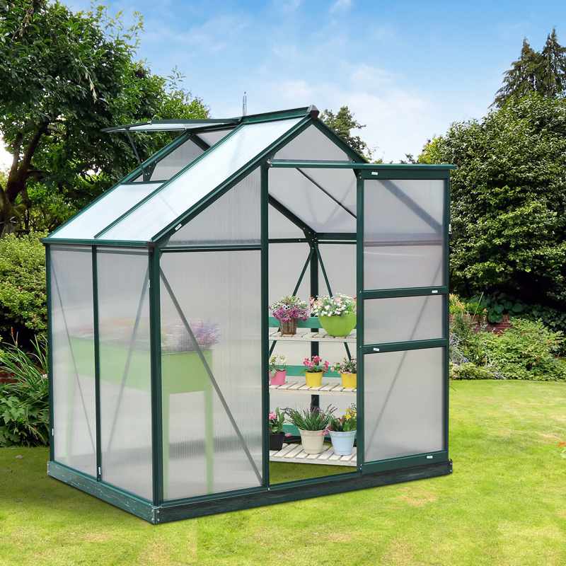 Outsunny 6 x 4ft Polycarbonate Greenhouse, Large Walk-In Green House with Slide Door and Window, Garden Plants Grow House with Aluminium Frame and Foundation, Dark Green