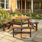 Outsunny Wooden Garden Dining Set, 6 Seater Round Dining Picnic Table with Matching Bench, Garden Furniture Set with Parasol Hole for Outdoor Patio Party and Family Gatherings, Carbonized
