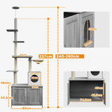 PawHut 2-in-1 Floor-To-Ceiling Cat Tree with Hidden Litter Box, for Indoor Use - Grey