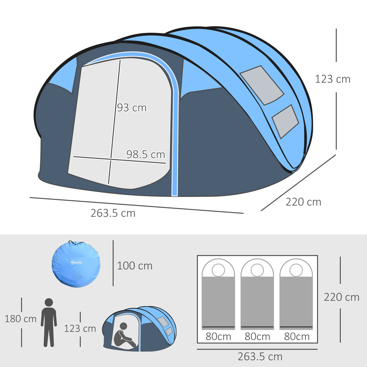 Outsunny 4 Person Pop-up Camping Tent Family Tent with Ground Sheet, 4 Windows and Portable Carry Bag for Beach Outdoor Trip, Sky Blue