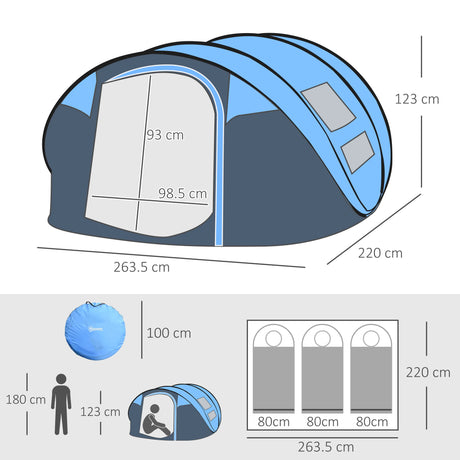 Outsunny 4 Person Pop-up Camping Tent Family Tent with Ground Sheet, 4 Windows and Portable Carry Bag for Beach Outdoor Trip, Sky Blue