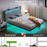 HOMCOM Floating Bed Frame, Upholstered 5ft King Size Bed, Platform Bed with RGB LED Lights and Charging Station, Grey