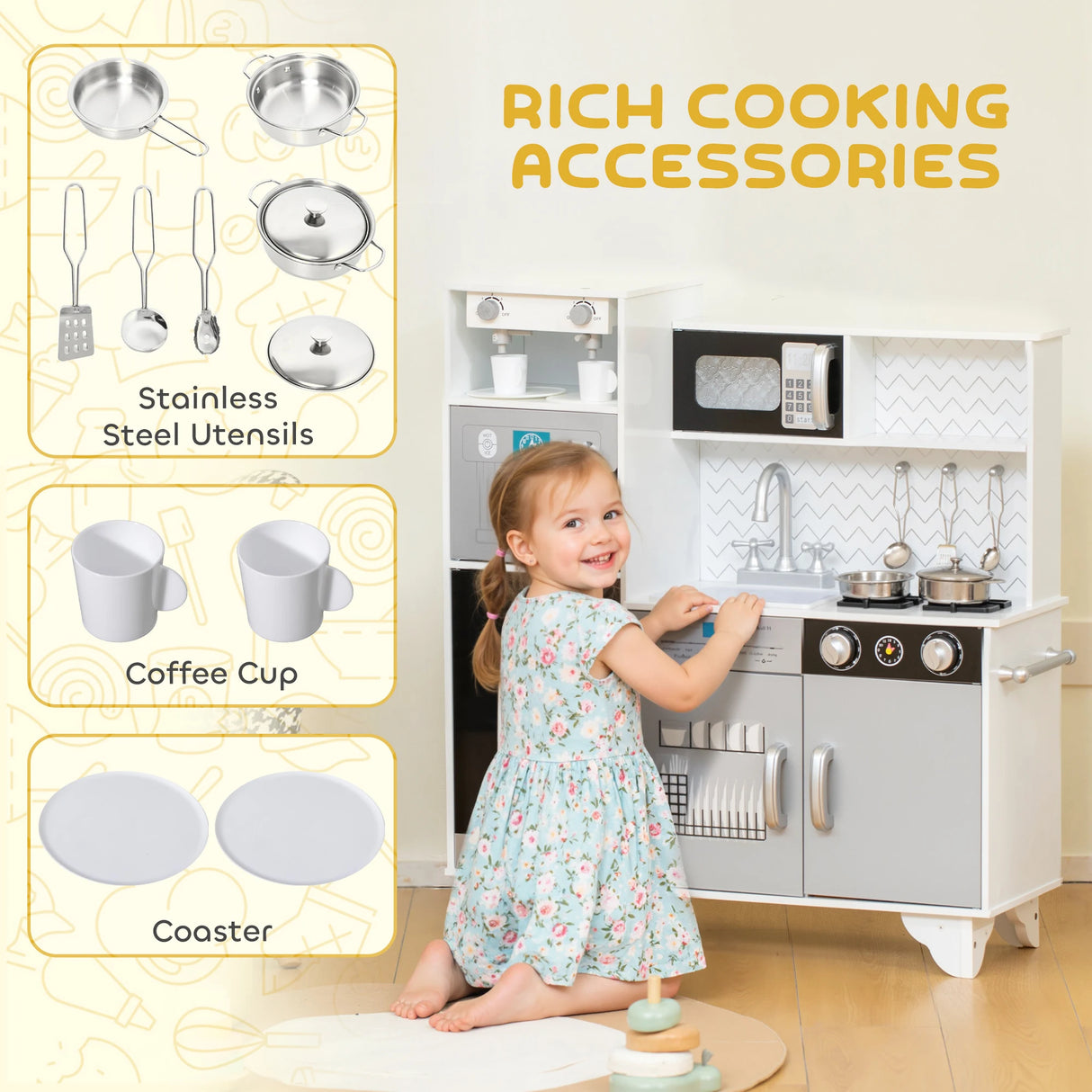 AIYAPLAY Kids Play Kitchen with Sound, Ice/Coffee Maker, Utensils, Microwave, Stainless Steel Utensils, for 3-6 Years