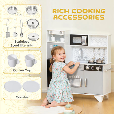 AIYAPLAY Kids Play Kitchen with Sound, Ice/Coffee Maker, Utensils, Microwave, Stainless Steel Utensils, for 3-6 Years