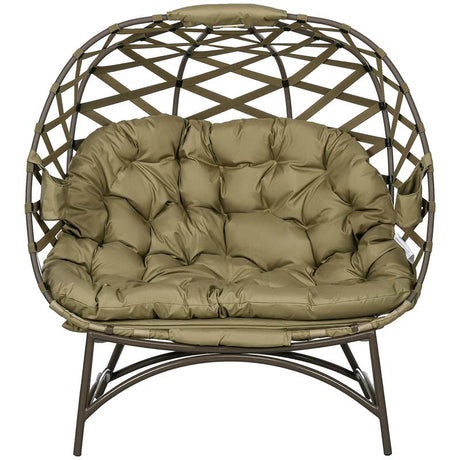 Outsunny 2 Seater Egg Chair Outdoor, Folding Weave Garden Furniture Chair with Cushion, Cup Pockets - Khaki