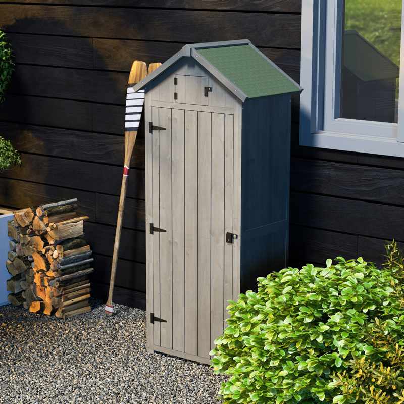 Outsunny Wooden Garden Shed, Utility Outdoor Small Shed with Lockable Double Doors, Shelves and Roof Hatch, Grey