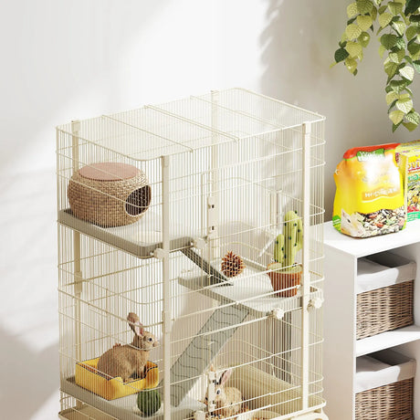 PawHut 4-Level Rolling Small Animal Cage, Rabbit Cage with 3 Ramps, Water Bottle, Food Dish, 15cm Deep Tray, Beige