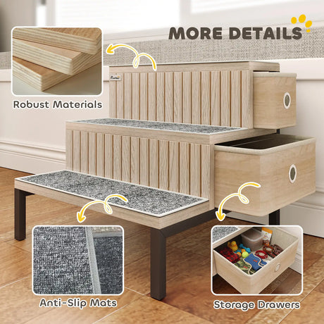PawHut Dog Stairs with Storage, Non-Slip Cover, Pet Steps for Small Dogs & Older Cats, for Sofa, High Bed, Oak Tone