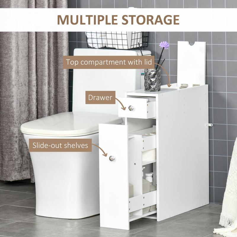 HOMCOM Bathroom Slim Floor Cabinet Narrow Wooden Storage Home Bath Toilet Cupboard Organiser Unit with Drawers White