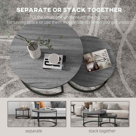 HOMCOM Set of Two Marble-Effect Stacking Tables - Wood Grey