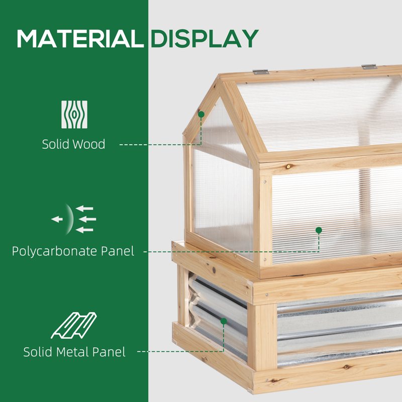 Outsunny Raised Garden Bed with Greenhouse Top, Garden Wooden Cold Frame Greenhouse Flower Planter Protection with 2 Independent Roofs, 122x 61 x 82cm, Natural