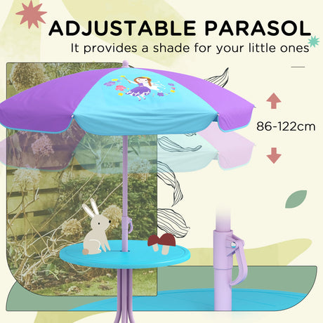 Outsunny Kids Picnic Table and Chair Set, Fairy Themed Outdoor Garden Furniture w/ Foldable Chairs, Adjustable Parasol