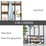 HOMCOM Coat Rack Stand, Free Standing Hall Tree, Coat Stand with Hooks, Bench and Shoe Rack, 100cm x 38.5cm x 185.5cm, Industrial Style, Rustic Brown and Black