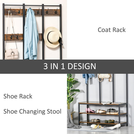 HOMCOM Coat Rack Stand, Free Standing Hall Tree, Coat Stand with Hooks, Bench and Shoe Rack, 100cm x 38.5cm x 185.5cm, Industrial Style, Rustic Brown and Black