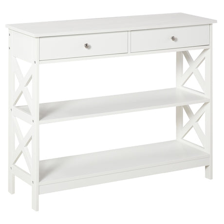 HOMCOM Console Table Side Desk w/ Shelves Drawers Open Top X Support Frame Living Room Hallway Home Office Furniture White