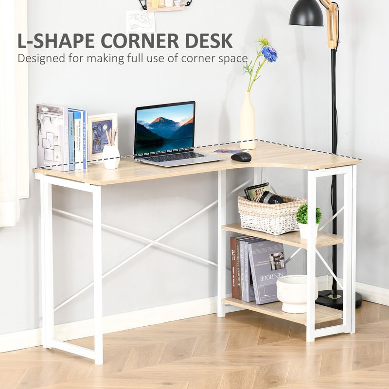 HOMCOM Folding Desk, L Shaped Desk, Corner Computer Desk with 2-Tier Storage Shelf for Home Office, Study Room, Workstation, Easy Assembly, 120 x 72.5 x 76.5cm, Oak Tone