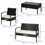 Outsunny 4 Pieces Rattan Garden Furniture Set, 4 Seater Garden Sofa Set with Loveseat, Armchairs and Glass Top Table, Wicker Conservatory Furniture with Cushions for Patio, Balcony, Black