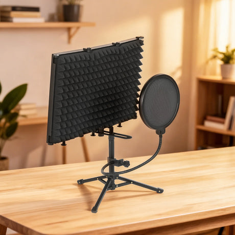 HOMCOM Studio Microphone Isolation Shield with Pop Filter and Tripod Stand, Foldable Adjustable Recording Studio Equipment, 3-Panel High Density Absorbent Foam Shield with 3/8" Threaded Mount, Black