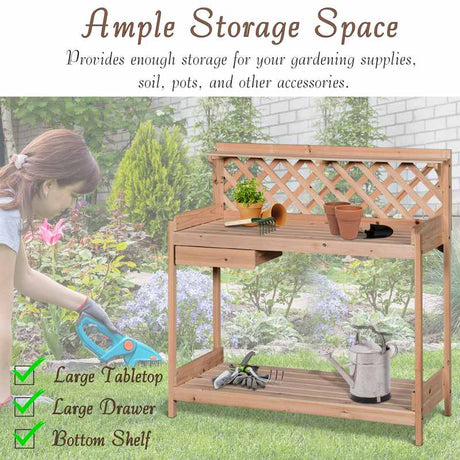 Outsunny Wooden Garden Potting Table with Drawer Flower Plant Work Bench Workstation Tool Storage Shelves Outdoor Grid