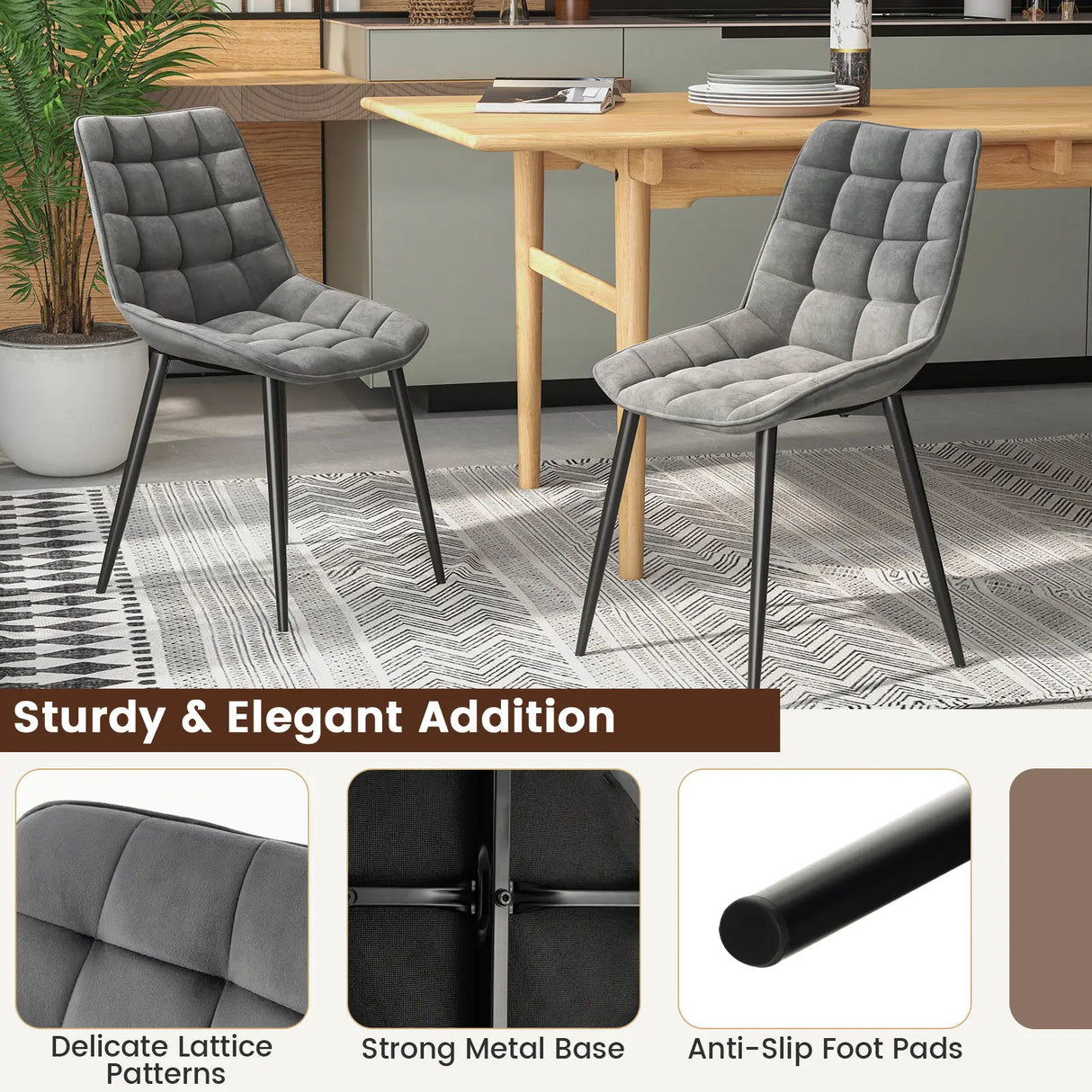 Velvet Dining Chairs Set of 2 with Upholstered Backs and Seats-Grey