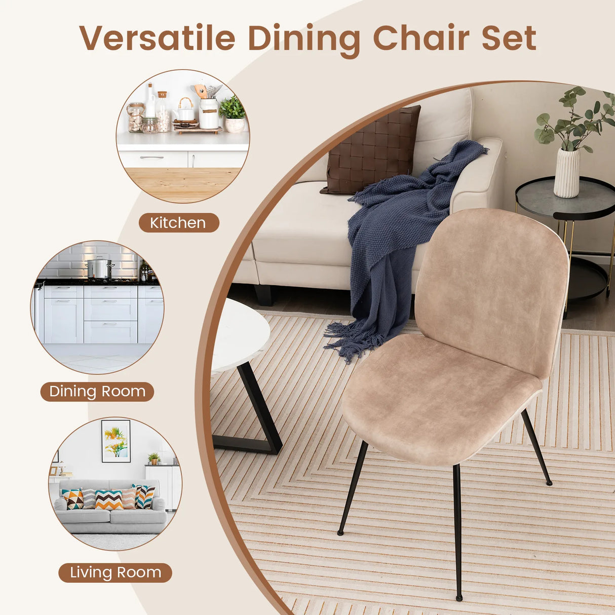 Set of 2 Armless Dining Chairs with Metal Base and Padded Seat-Coffee