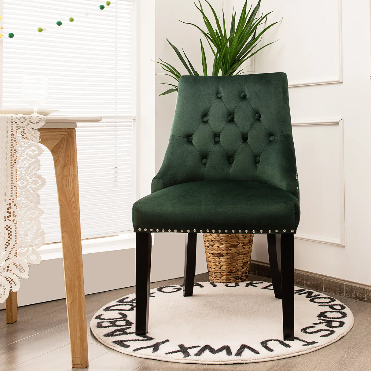 Modern Upholstered Button-Tufted Dining Chair with Naild Trim-Dark Green
