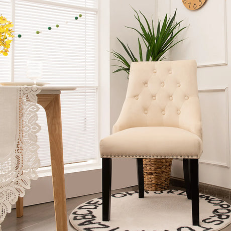 Modern Upholstered Button-Tufted Dining Chair with Naild Trim-Beige