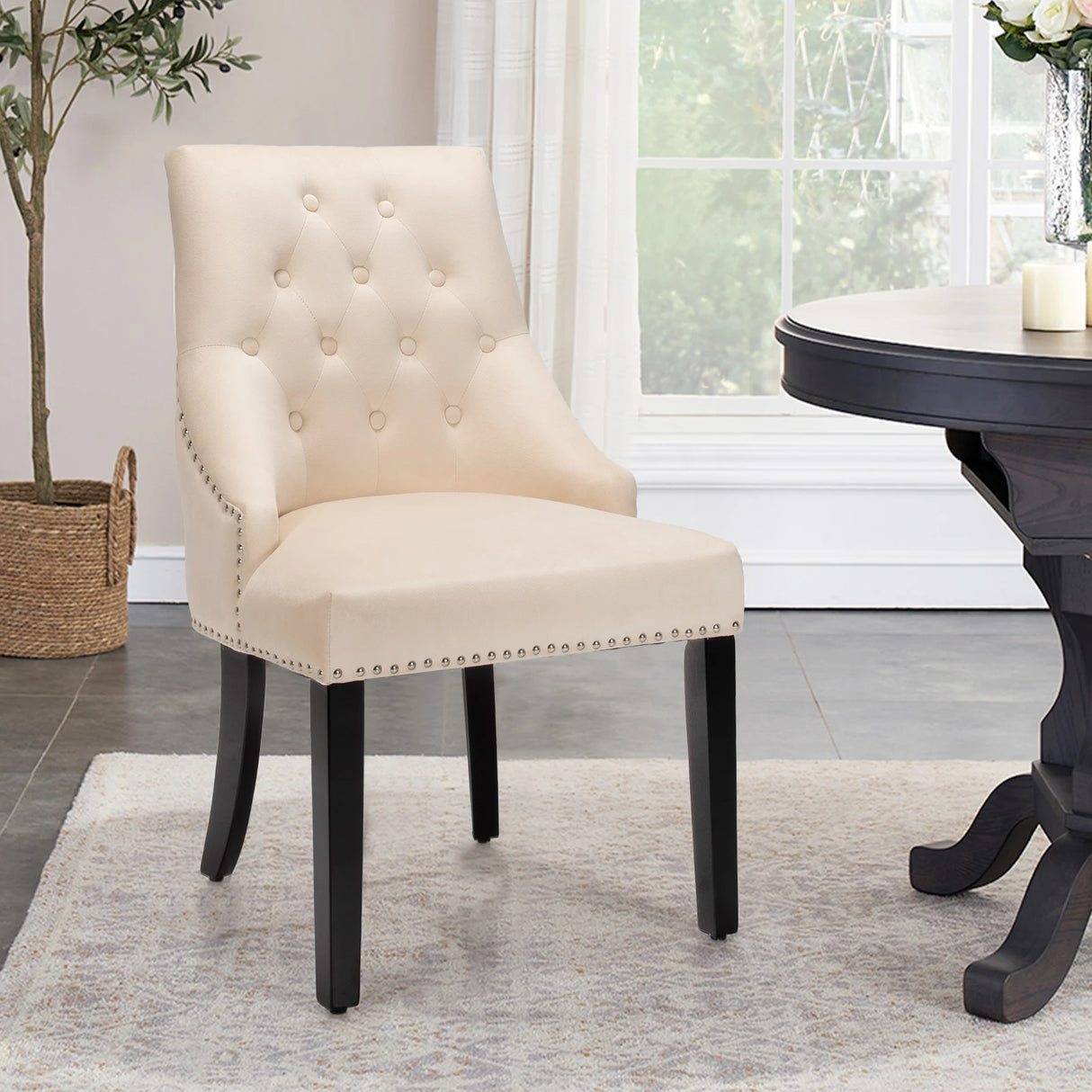 Modern Upholstered Button-Tufted Dining Chair with Naild Trim-Beige