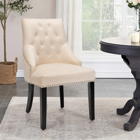 Modern Upholstered Button-Tufted Dining Chair with Naild Trim-Beige