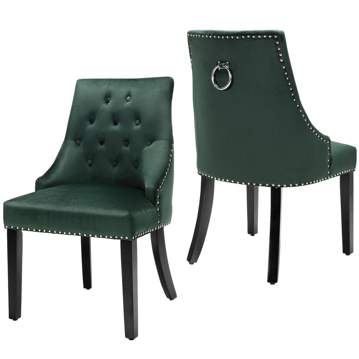 Modern Upholstered Button-Tufted Dining Chair with Naild Trim-Dark Green