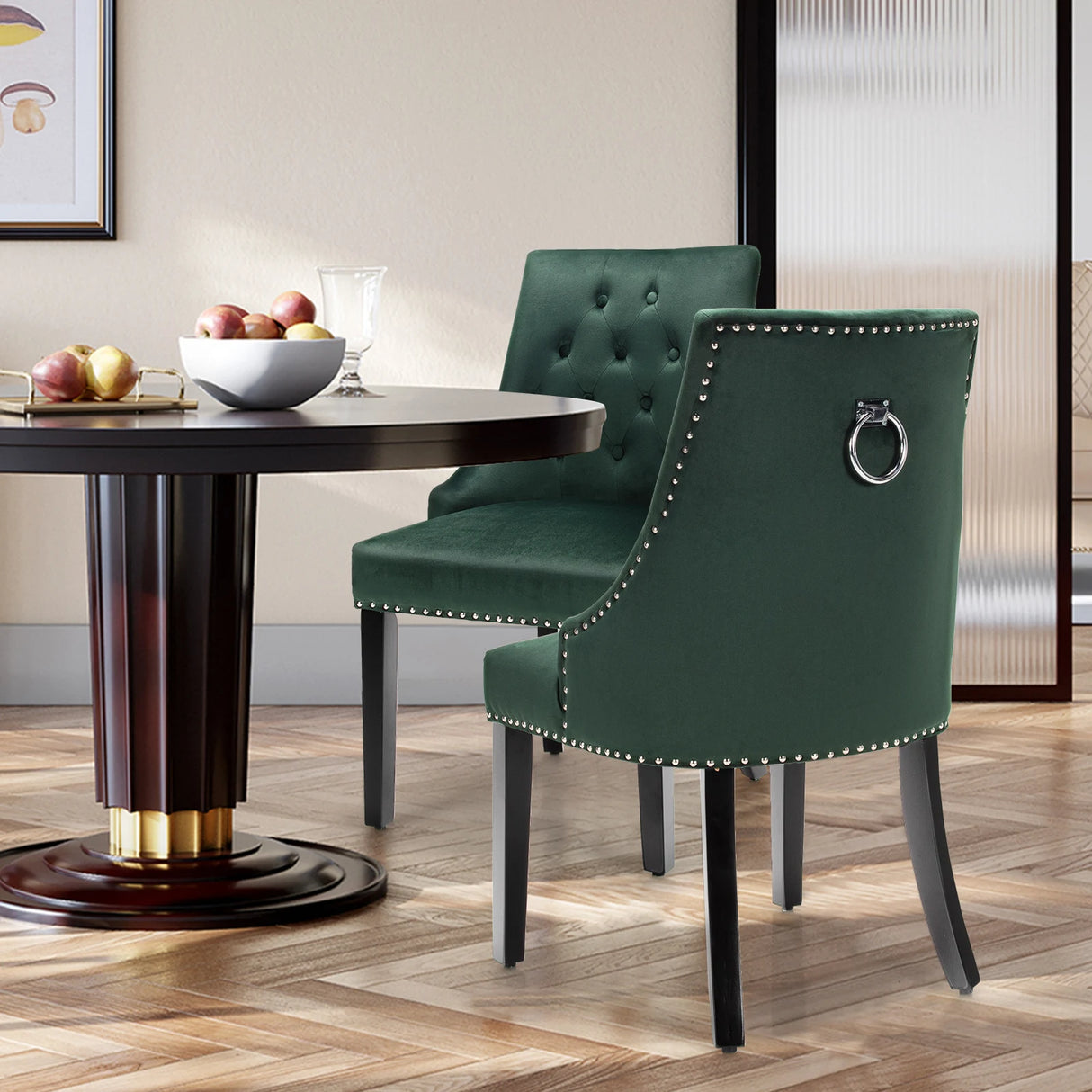 Modern Upholstered Button-Tufted Dining Chair with Naild Trim-Dark Green