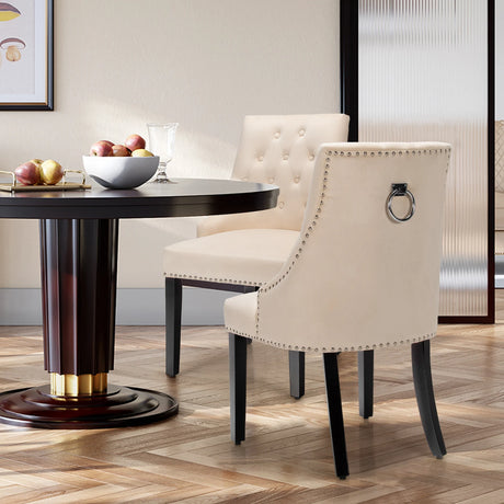 Modern Upholstered Button-Tufted Dining Chair with Naild Trim-Beige