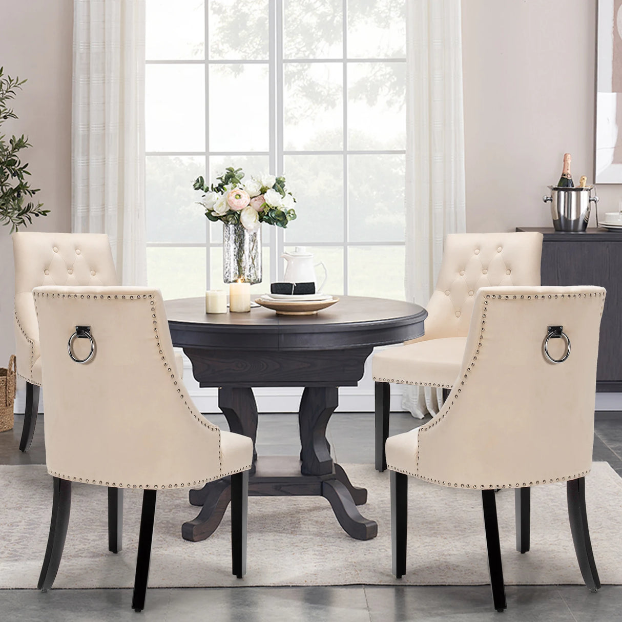 Modern Upholstered Button-Tufted Dining Chair with Naild Trim-Beige