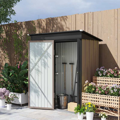 Outsunny Metal Garden Shed, Outdoor Lean-to Shed for Tool Motor Bike, with Adjustable Shelf, Lock, Gloves, 5'x3'x6', Brown