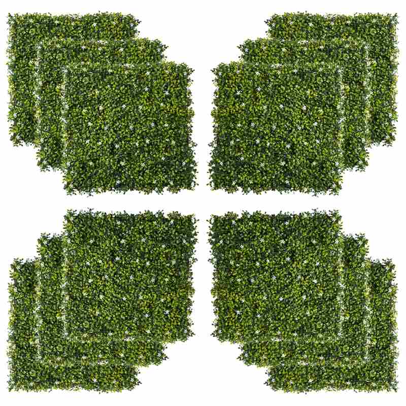 Outsunny 12PCS Artificial Boxwood Wall Panels 50cm x 50cm Grass Privacy Fence Screen Faux Hedge Greenery Backdrop Encrypted Milan Grass with White Flowers for Home Garden Backyard Balcony