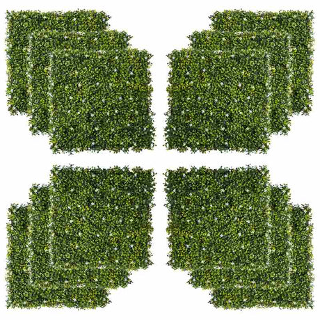 Outsunny 12PCS Artificial Boxwood Wall Panels 50cm x 50cm Grass Privacy Fence Screen Faux Hedge Greenery Backdrop Encrypted Milan Grass with White Flowers for Home Garden Backyard Balcony