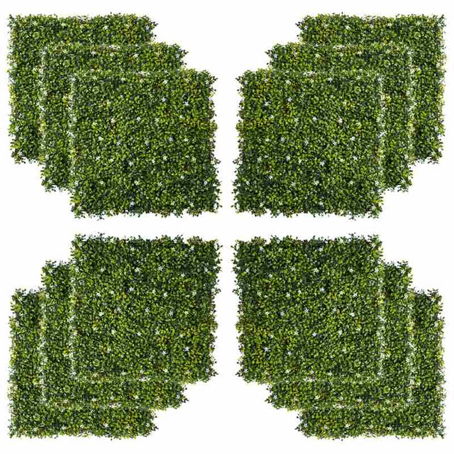 Outsunny 12PCS Artificial Boxwood Wall Panels 50cm x 50cm Grass Privacy Fence Screen Faux Hedge Greenery Backdrop Encrypted Milan Grass with White Flowers for Home Garden Backyard Balcony