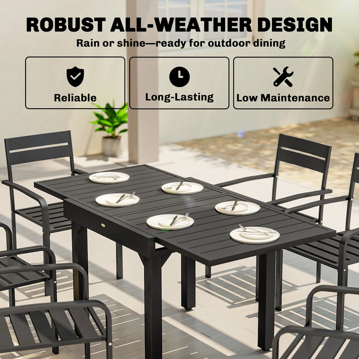 Outsunny Expandable Patio Dining Table for 4-6 People, 80-160 cm Aluminium Extendable Outdoor Patio Table with Slatted Top, Black