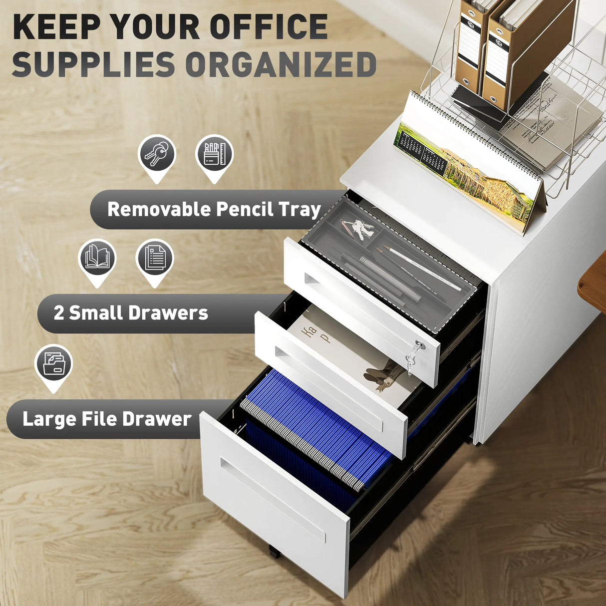 Vinsetto Three-Drawer Steel Filing Cabinet - White