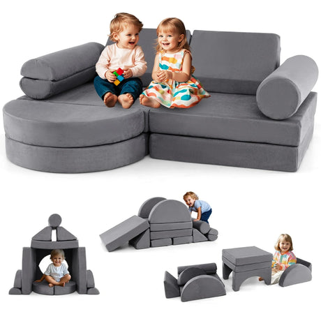 13 Pieces Convertible Modular Kids Play Couch for Nursery Playroom Bedroom-Gray