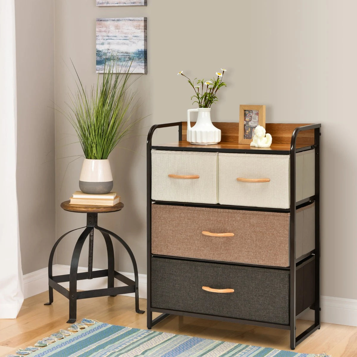 4-Drawer Tower Steel Frame Wooden Top Dresser Storage with 3-Tier Organizer