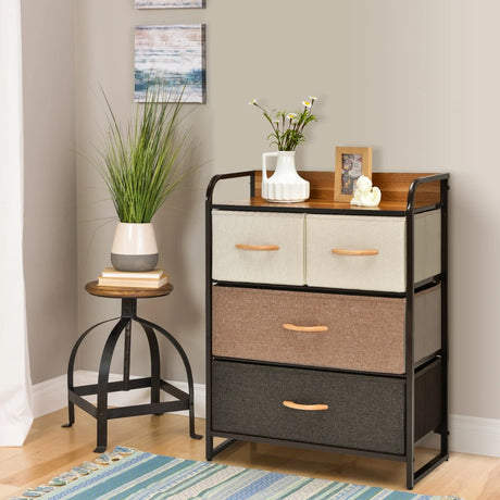 4-Drawer Tower Steel Frame Wooden Top Dresser Storage with 3-Tier Organizer