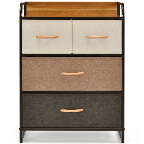 4-Drawer Tower Steel Frame Wooden Top Dresser Storage with 3-Tier Organizer