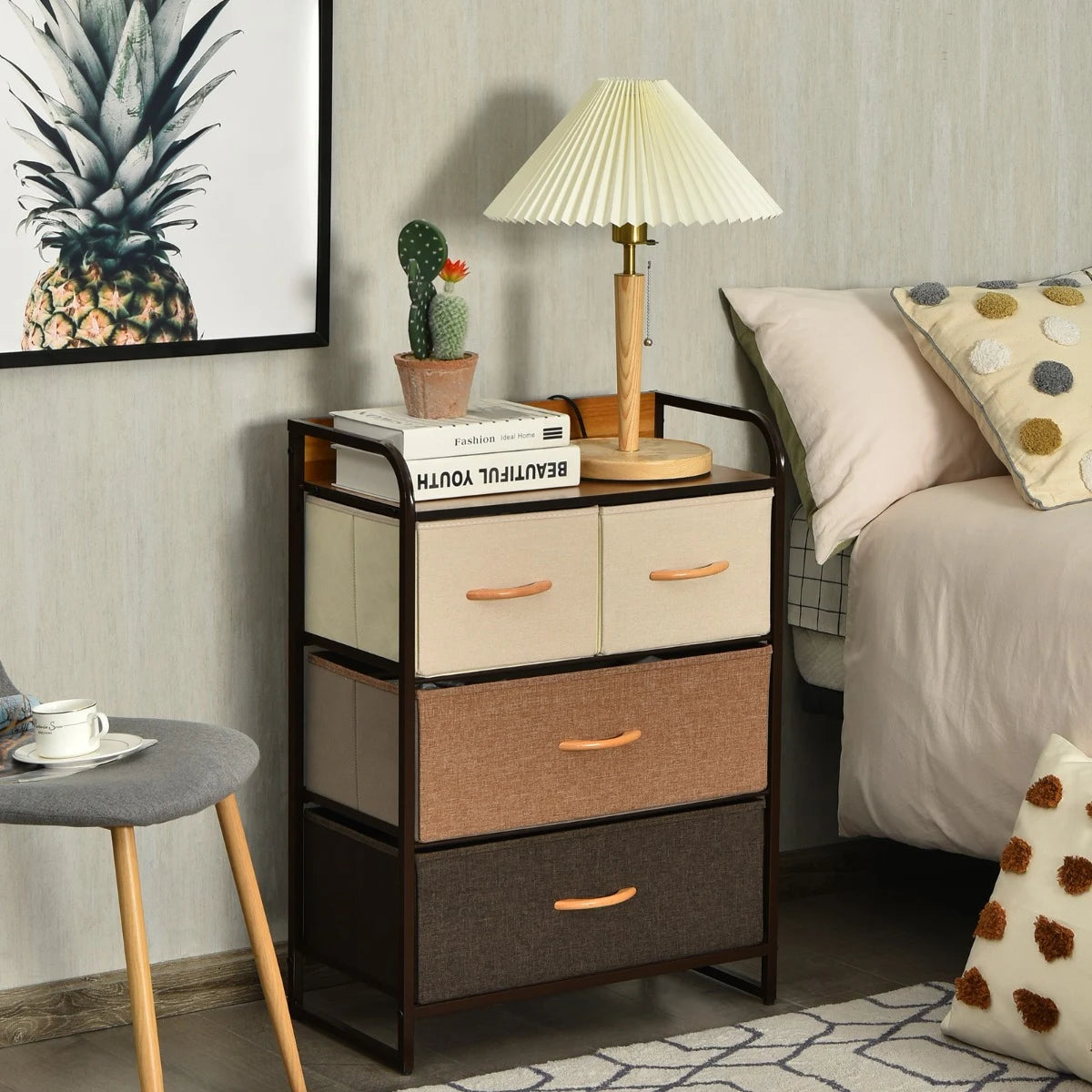 4-Drawer Tower Steel Frame Wooden Top Dresser Storage with 3-Tier Organizer